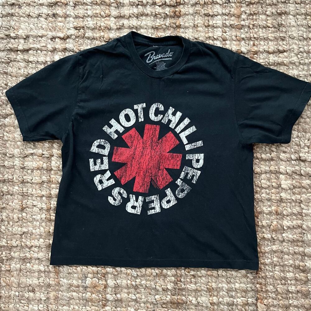 Red Hot Chili Peppers Cropped Boxy T Shirt Black Raw Hem 100% Cotton S